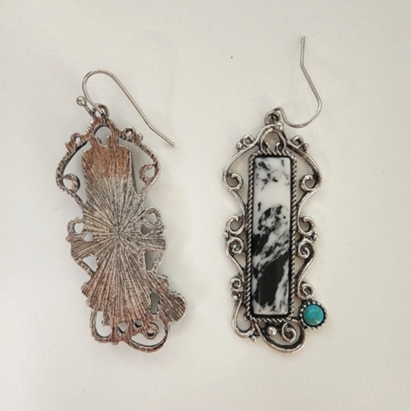 NEW Boho Howlite Turquoise Stone Rectangular Dangle Earrings White Black Marble - Picture 7 of 8